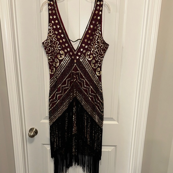 Burgundy and Gold Sequin Asymmetrical Flapper Dress - Picture 6 of 9